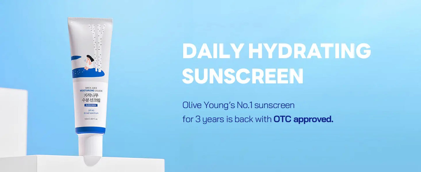 ROUND LAB Birch Juice Moisturizing Sunscreen 50ml tube displayed against a light blue background with text promoting daily hydrating sunscreen and OTC approval.