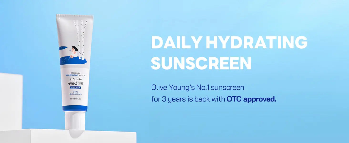 ROUND LAB Birch Juice Moisturizing Sunscreen 50ml tube displayed against a light blue background with text promoting daily hydrating sunscreen and OTC approval.