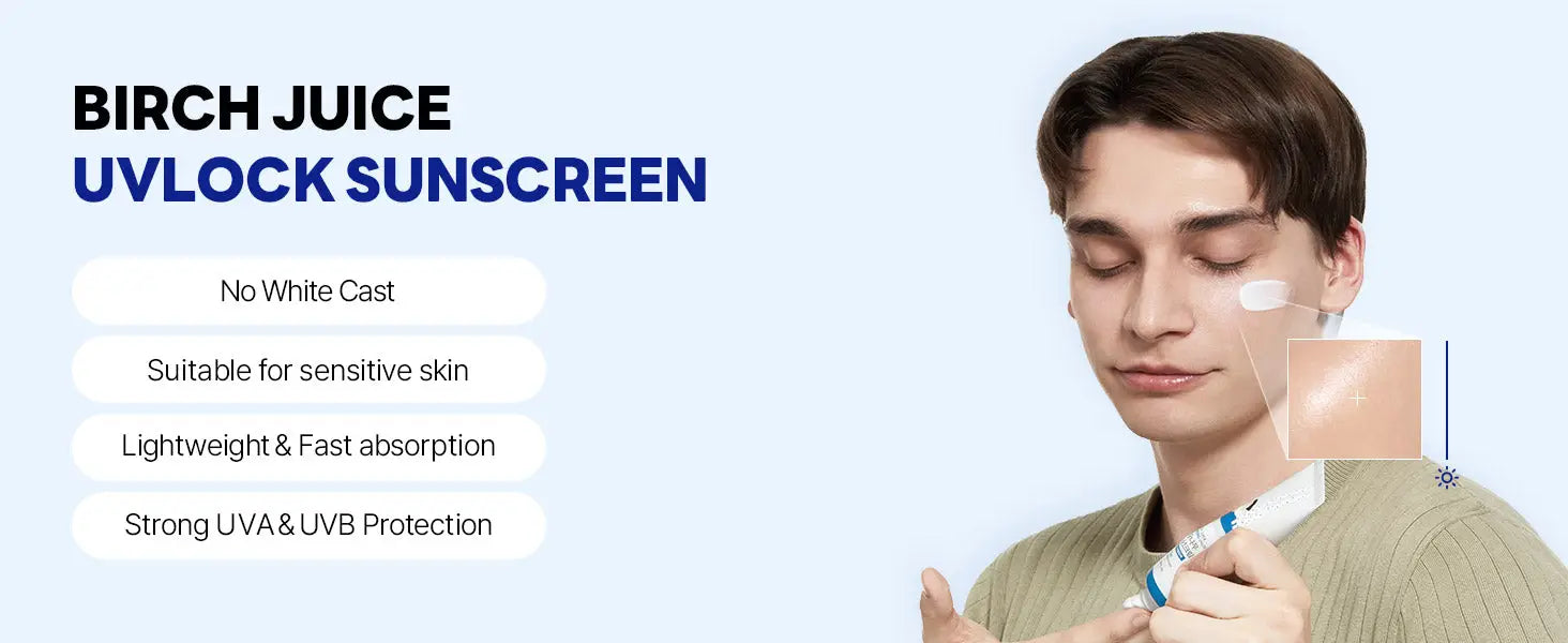 A person applying ROUND LAB Birch Juice Moisturizing Sunscreen 50ml on their cheek, demonstrating no white cast and highlighting lightweight, fast absorption, and strong UVA/UVB protection.