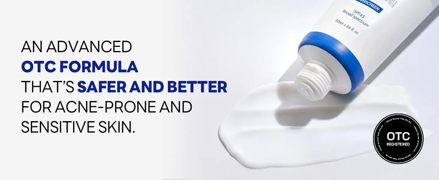 Close-up of a white tube dispensing white cream with text highlighting an advanced OTC formula that is safer and better for acne-prone and sensitive skin, featuring ROUND LAB Birch Juice Moisturizing Sunscreen 50ml.