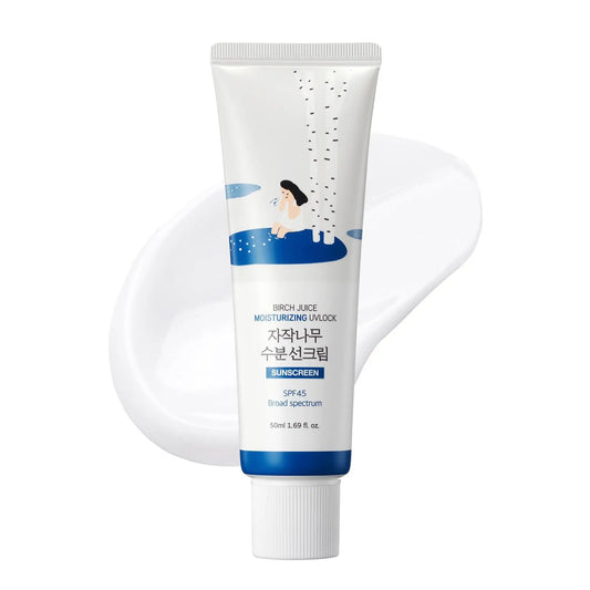 Tube of ROUND LAB Birch Juice Moisturizing Sunscreen 50ml with light moisturizing cream texture background, highlighting hydrating sun protection with SPF45 broad spectrum.