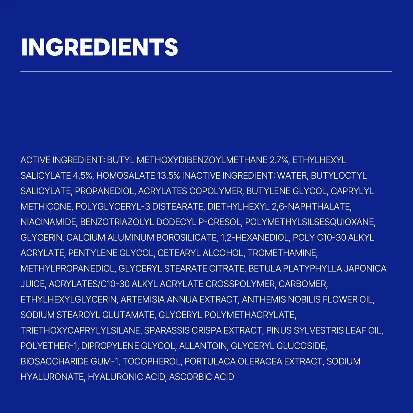 List of active and inactive cosmetic ingredients in white text on a dark blue background for ROUND LAB Birch Juice Moisturizing Sunscreen 50ml + ROUND LAB Birch Juice Moisturizing Mild Up Sunscreen 50ml.