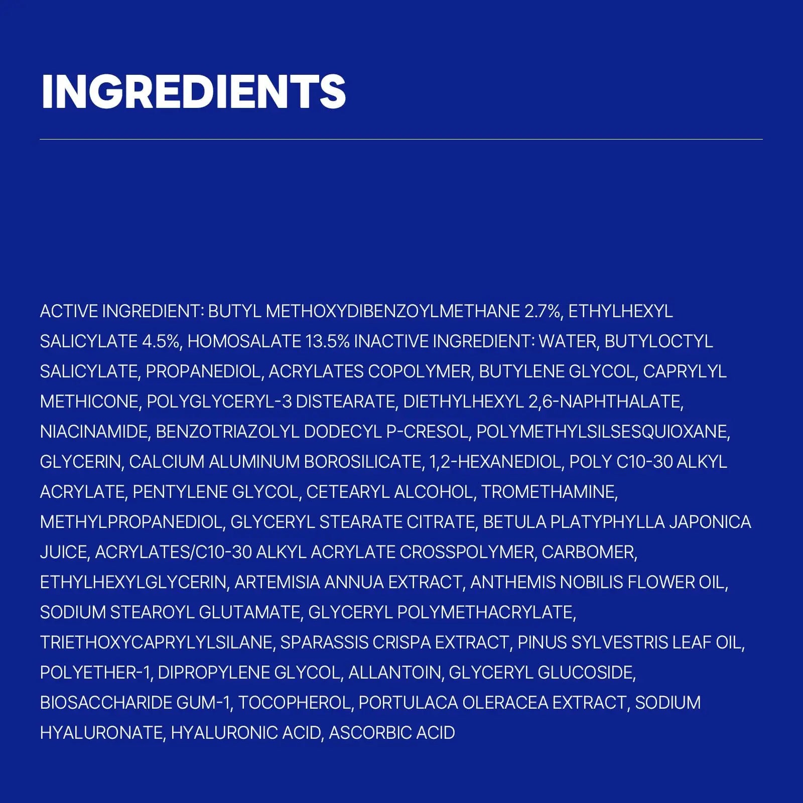 List of active and inactive cosmetic ingredients in white text on a dark blue background for ROUND LAB Birch Juice Moisturizing Sunscreen 50ml + ROUND LAB Birch Juice Moisturizing Mild Up Sunscreen 50ml.