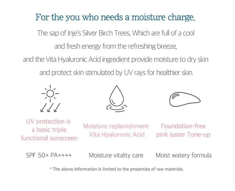 Informative text describing ROUND LAB Birch Juice Moisturizing Tone Up Sunscreen 50ml benefits including UV protection SPF 50+ PA++++, moisture replenishment with Vita Hyaluronic Acid, and a foundation-free pink luster tone-up formula.