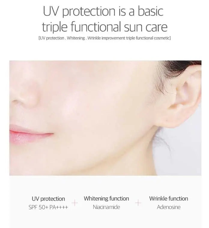 Close-up of a woman's clear skin highlighting UV protection, whitening, and wrinkle improvement benefits of ROUND LAB Birch Juice Moisturizing Tone Up Sunscreen 50ml with SPF 50+ PA++++, niacinamide, and adenosine.