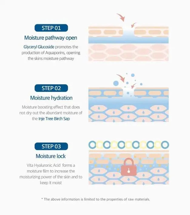 Diagram illustrating the three-step moisture process of ROUND LAB Birch Juice Moisturizing Tone Up Sunscreen 50ml, showing moisture pathway opening by Glyceryl Glucoside, hydration from Inje Tree Birch Sap, and moisture lock by Vita Hyaluronic Acid forming a protective film.