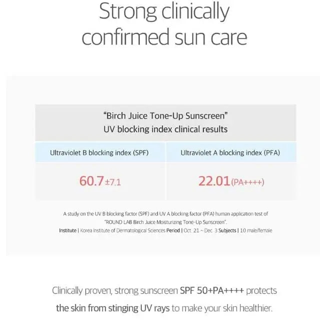 Clinical data showing UV blocking index results with SPF 60.7 and PA++++ for ROUND LAB Birch Juice Moisturizing Tone Up Sunscreen 50ml, highlighting strong sun protection.