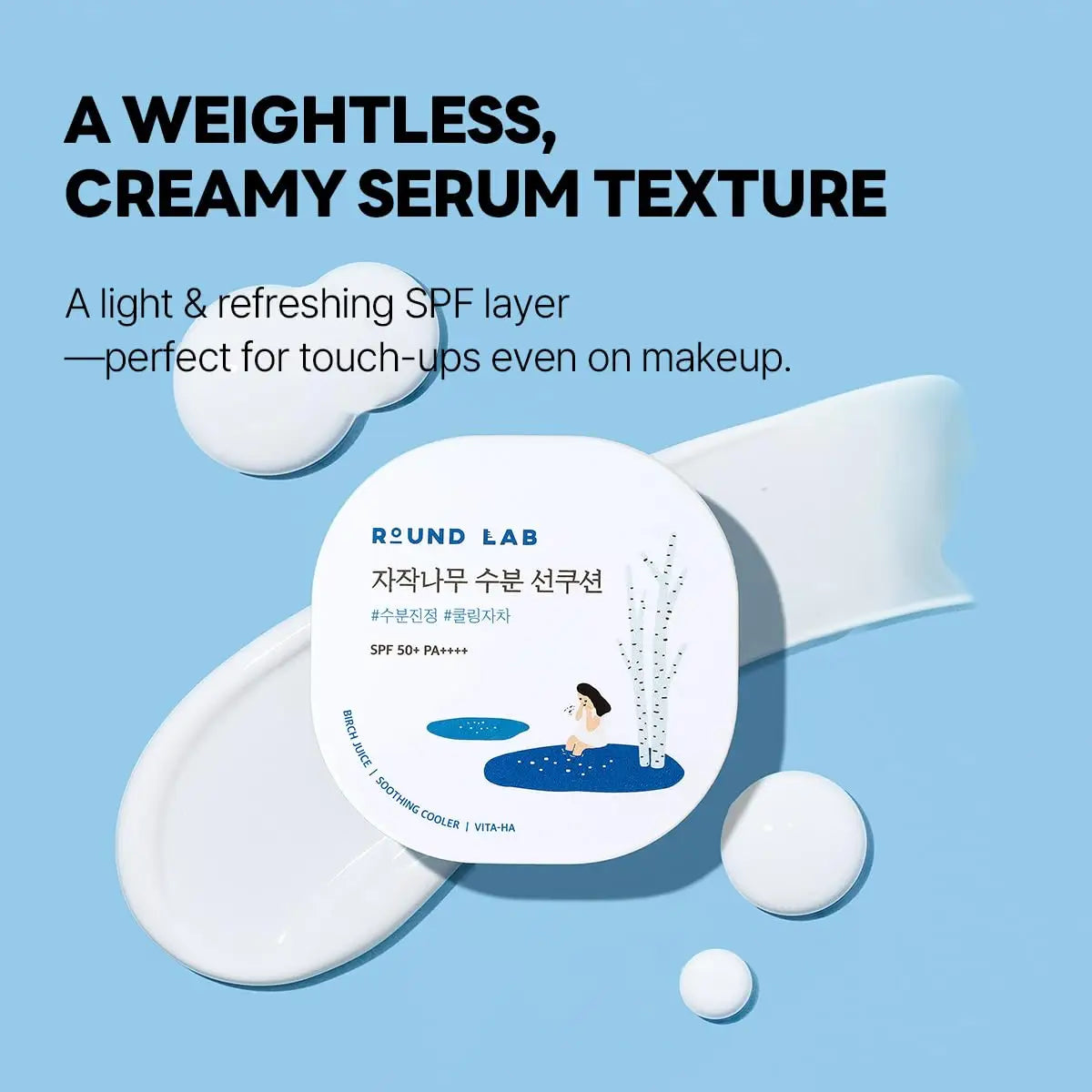 Round Lab Birch Juice Moisturizing UVLock Sun Cushion 15g with creamy serum texture shown on light blue background, highlighting weightless, refreshing SPF layer perfect for makeup touch-ups.