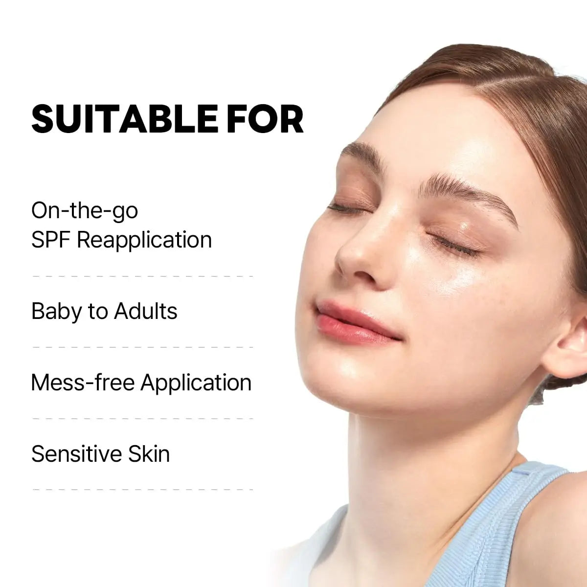 Young woman with clear glowing skin and closed eyes next to text listing features suitable for Round Lab Birch Juice Moisturizing UVLock Sun Cushion 15g including on-the-go SPF reapplication, baby to adults, mess-free application, and sensitive skin.