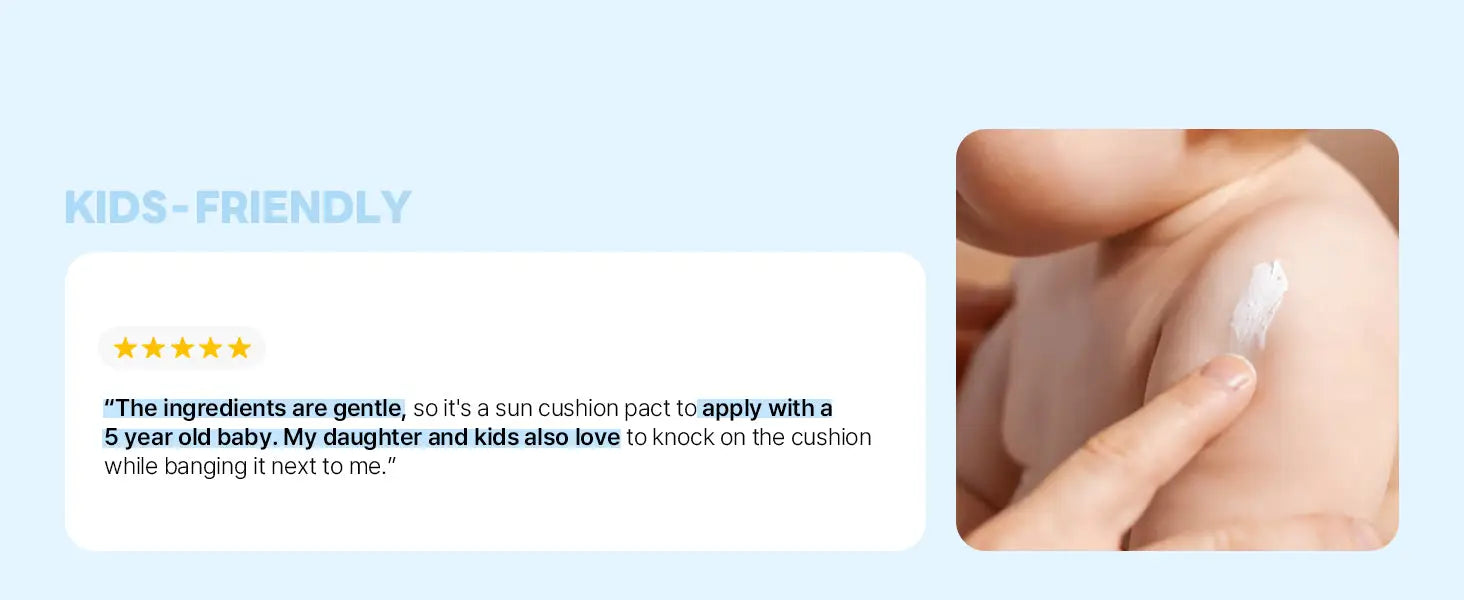 Close-up of an adult's hand applying white cream on a child's skin with text describing the gentle ingredients and suitability of Round Lab Birch Juice Moisturizing UVLock Sun Cushion 15g for kids and babies.