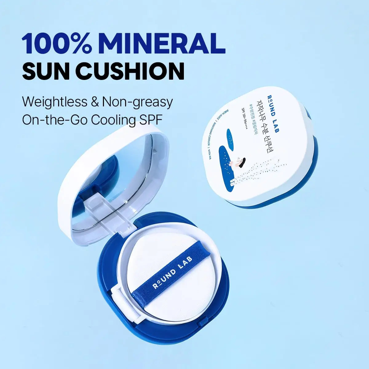 Round Lab Birch Juice Moisturizing UVLock Sun Cushion 15g opened compact showing cushion applicator with mirror and closed compact on blue background with text highlighting 100% mineral, weightless, non-greasy, and cooling SPF features