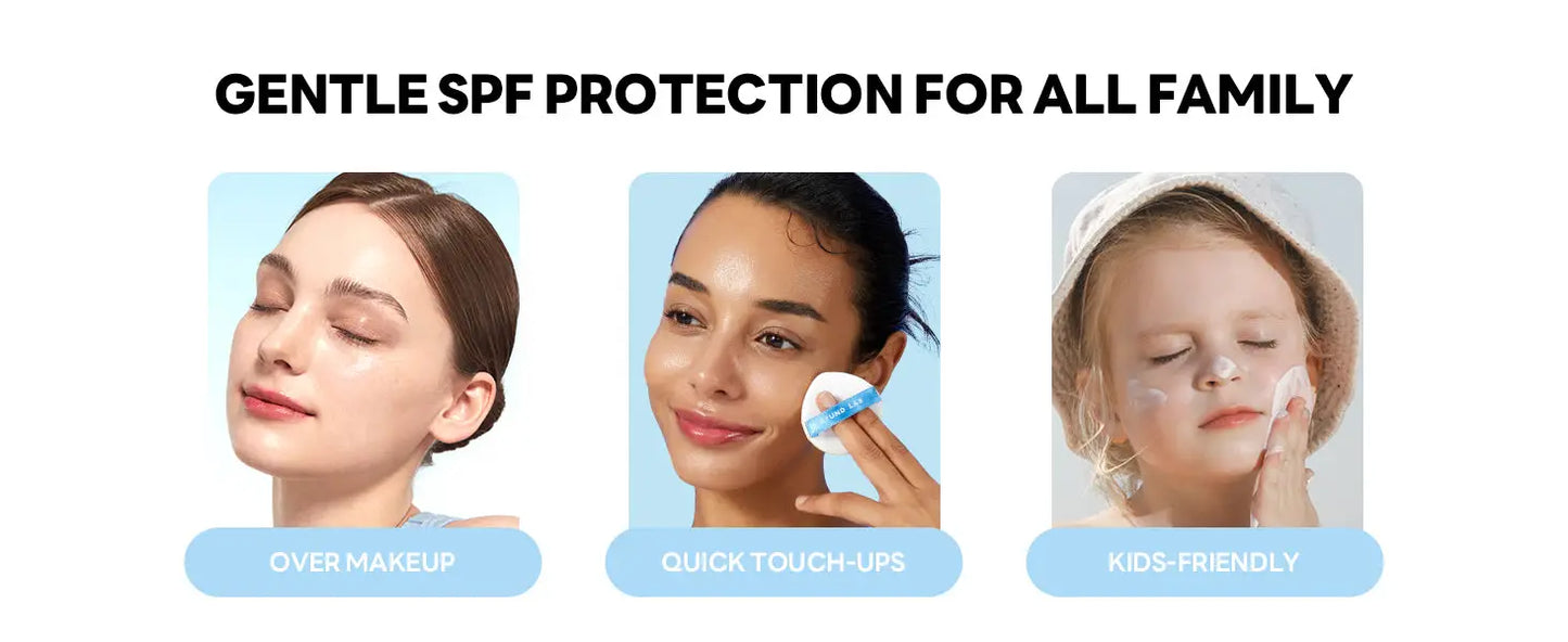 Three images show gentle SPF protection for all family members: a woman applying over makeup, a woman doing quick touch-ups with a cushion compact, and a child with sunscreen on her face using the Round Lab Birch Juice Moisturizing UVLock Sun Cushion 15g.