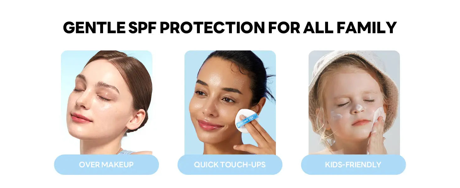 Three images show gentle SPF protection for all family members: a woman applying over makeup, a woman doing quick touch-ups with a cushion compact, and a child with sunscreen on her face using the Round Lab Birch Juice Moisturizing UVLock Sun Cushion 15g.