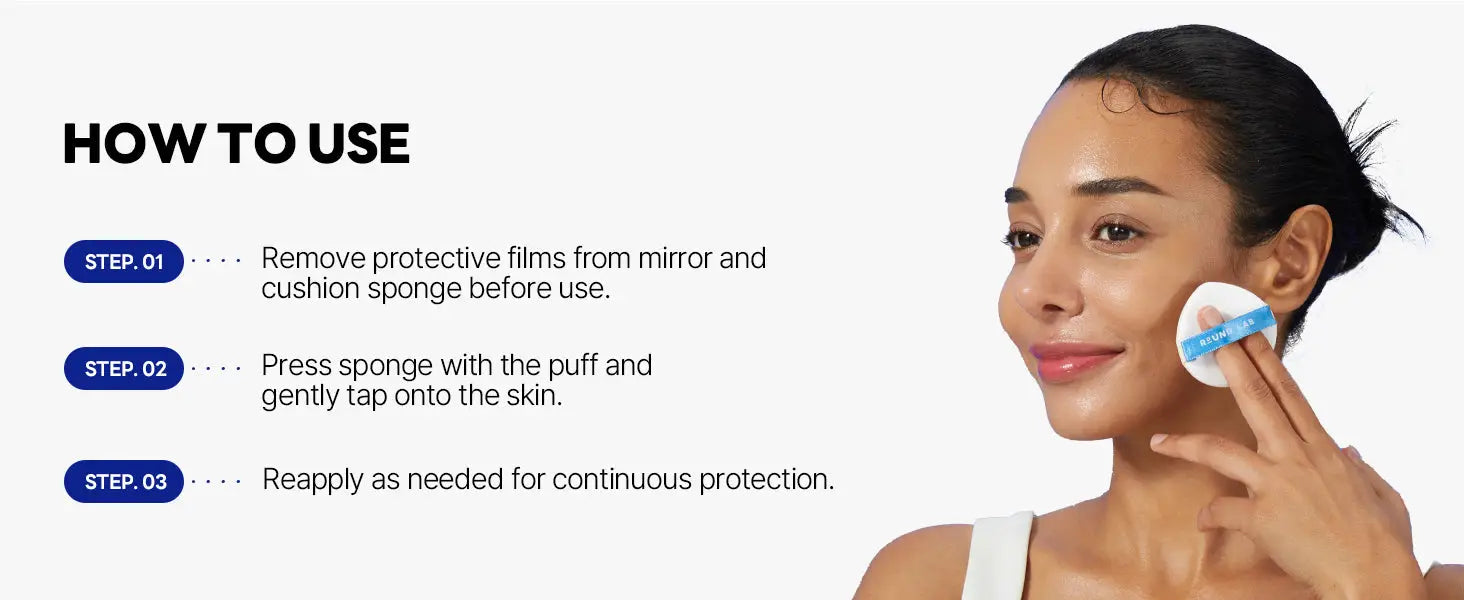 Instructional image showing steps to use Round Lab Birch Juice Moisturizing UVLock Sun Cushion 15g with a woman gently applying the product using the cushion puff on her cheek.