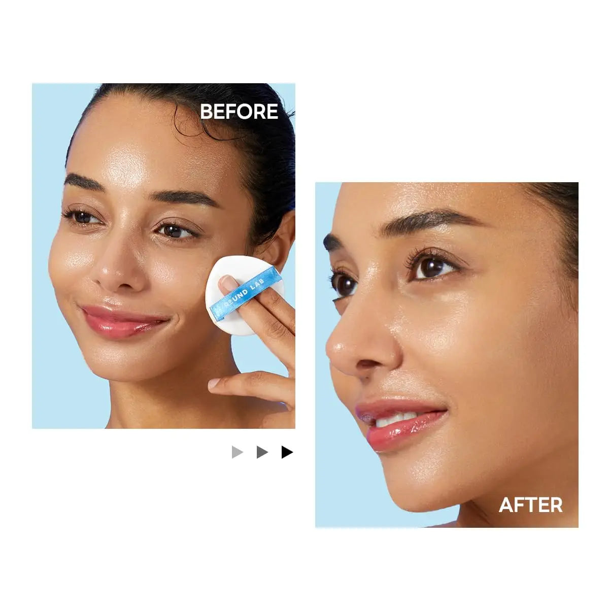 Before and after close-up images of a woman applying Round Lab Birch Juice Moisturizing UVLock Sun Cushion 15g, showing a natural, radiant finish and moisturized skin.