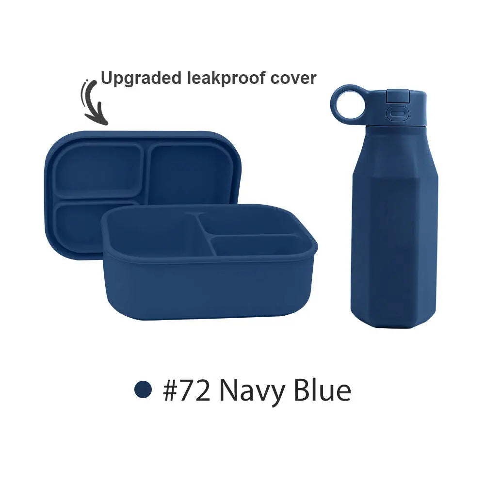 Silicone Bento Box & Water Bottle | 3-Compartment Lunch Box with 350ml Bottle | Microwave Dishwasher Compatible BPA-Free Bento Box and Travel Water Bottle Set in navy blue with upgraded leakproof cover.