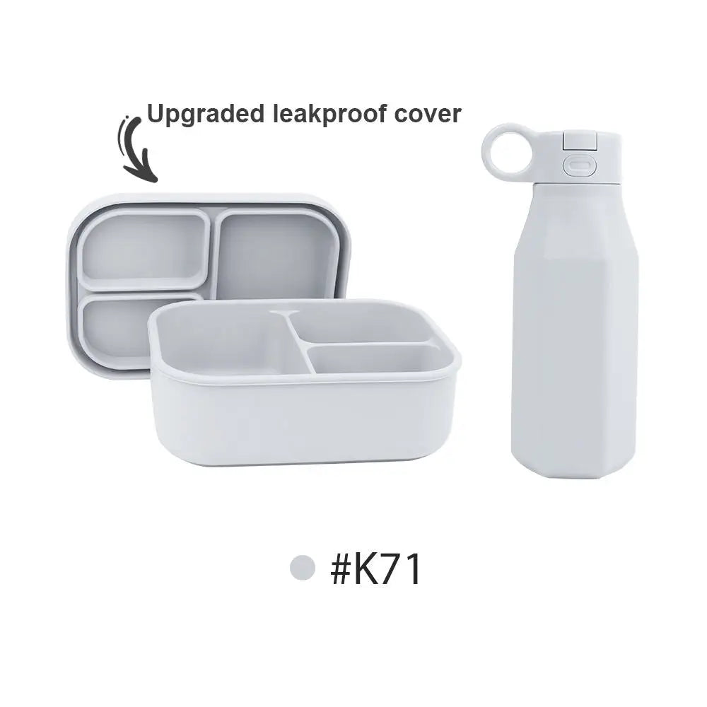 White Silicone Bento Box & Water Bottle | 3-Compartment Lunch Box with 350ml Bottle | Microwave Dishwasher Compatible BPA-Free Bento Box and Travel Water Bottle Set with upgraded leakproof cover