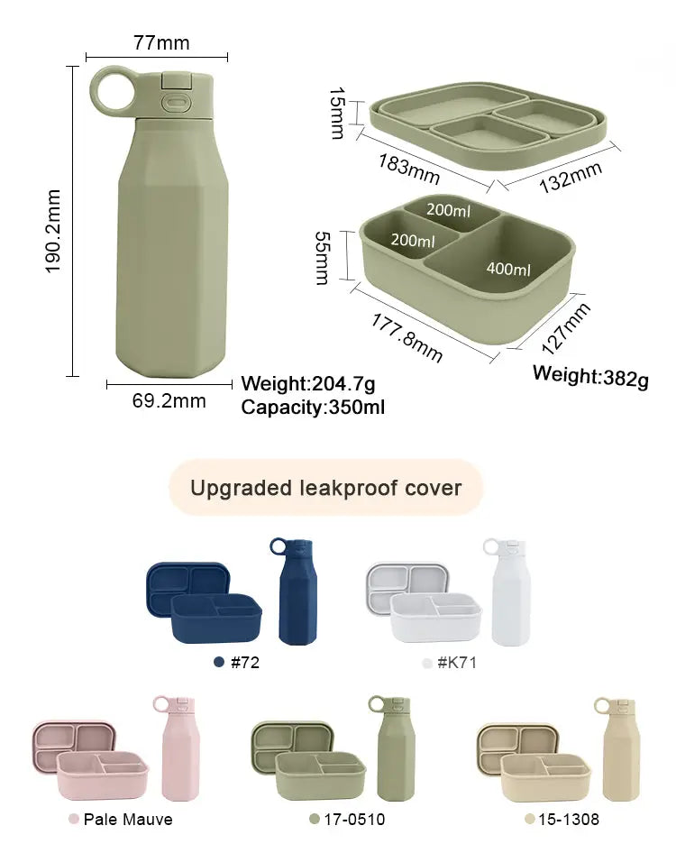 Measurement diagram of Silicone Bento Box & Water Bottle | 3-Compartment Lunch Box with 350ml Bottle | Microwave Dishwasher Compatible BPA-Free Bento Box and Travel Water Bottle Set showing bottle and lunch box dimensions in four colors including green, navy, white, and pale mauve.