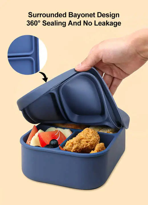 Hand lifting the lid of a blue Silicone Bento Box & Water Bottle | 3-Compartment Lunch Box with 350ml Bottle | Microwave Dishwasher Compatible BPA-Free Bento Box and Travel Water Bottle Set showing compartments with fried chicken and fruit inside and text highlighting the 360° sealing and no leakage bayonet design.
