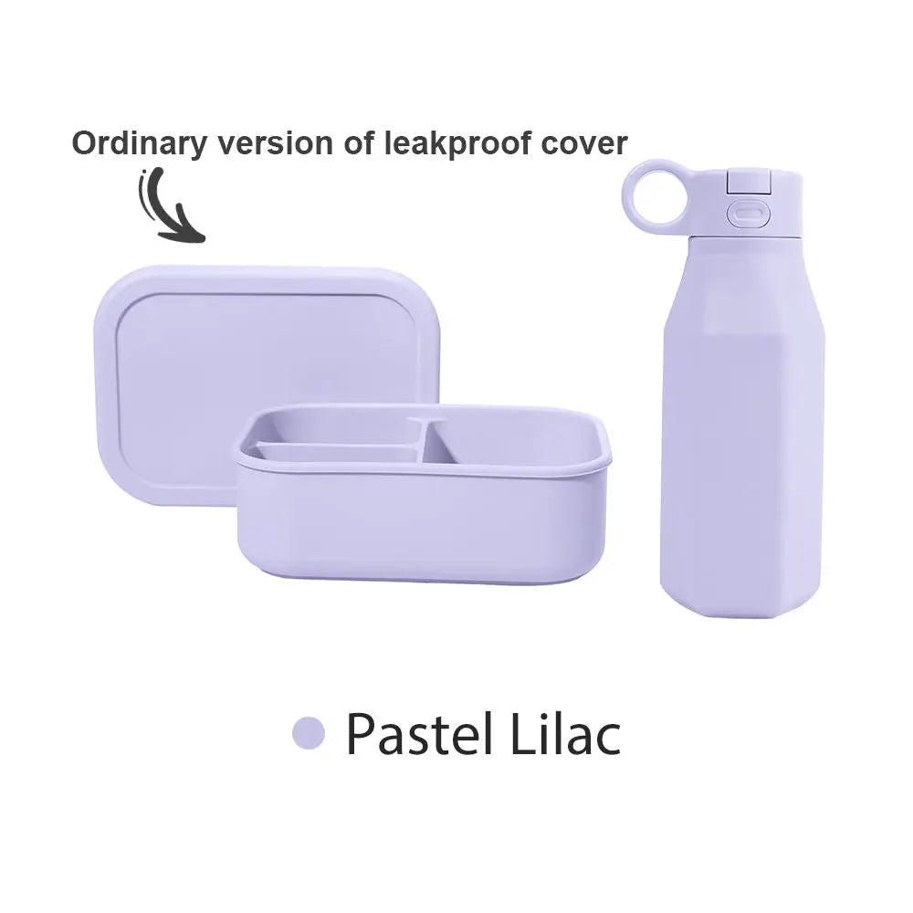 Silicone Bento Box & Water Bottle | 3-Compartment Lunch Box with 350ml Bottle | Microwave Dishwasher Compatible BPA-Free Bento Box and Travel Water Bottle Set in pastel lilac with ordinary leakproof cover shown separately.
