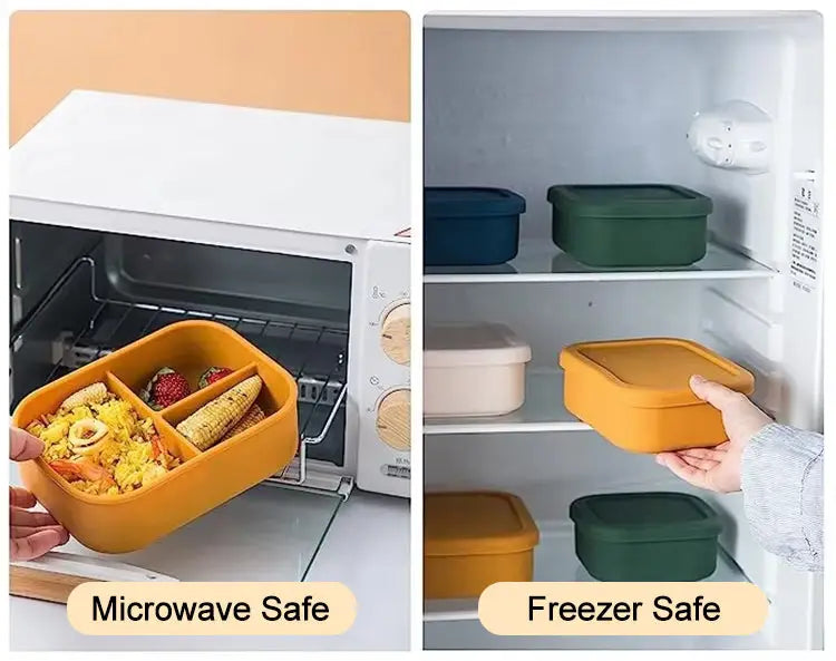 Silicone Bento Box & Water Bottle | 3-Compartment Lunch Box with 350ml Bottle | Microwave Dishwasher Compatible BPA-Free Bento Box and Travel Water Bottle Set shown being placed in microwave and refrigerator for safe heating and storage.