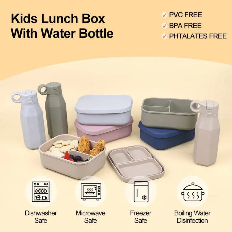 Collection of colorful silicone bento box sets with 3 compartments and matching water bottles in pastel colors, shown with icons for dishwasher, microwave, freezer safe, and boiling water disinfection, featuring Kids Lunch Box with Water Bottle and highlighting PVC free, BPA free, and PHTHALATES free materials, featuring Silicone Bento Box & Water Bottle | 3-Compartment Lunch Box with 350ml Bottle | Microwave Dishwasher Compatible BPA-Free Bento