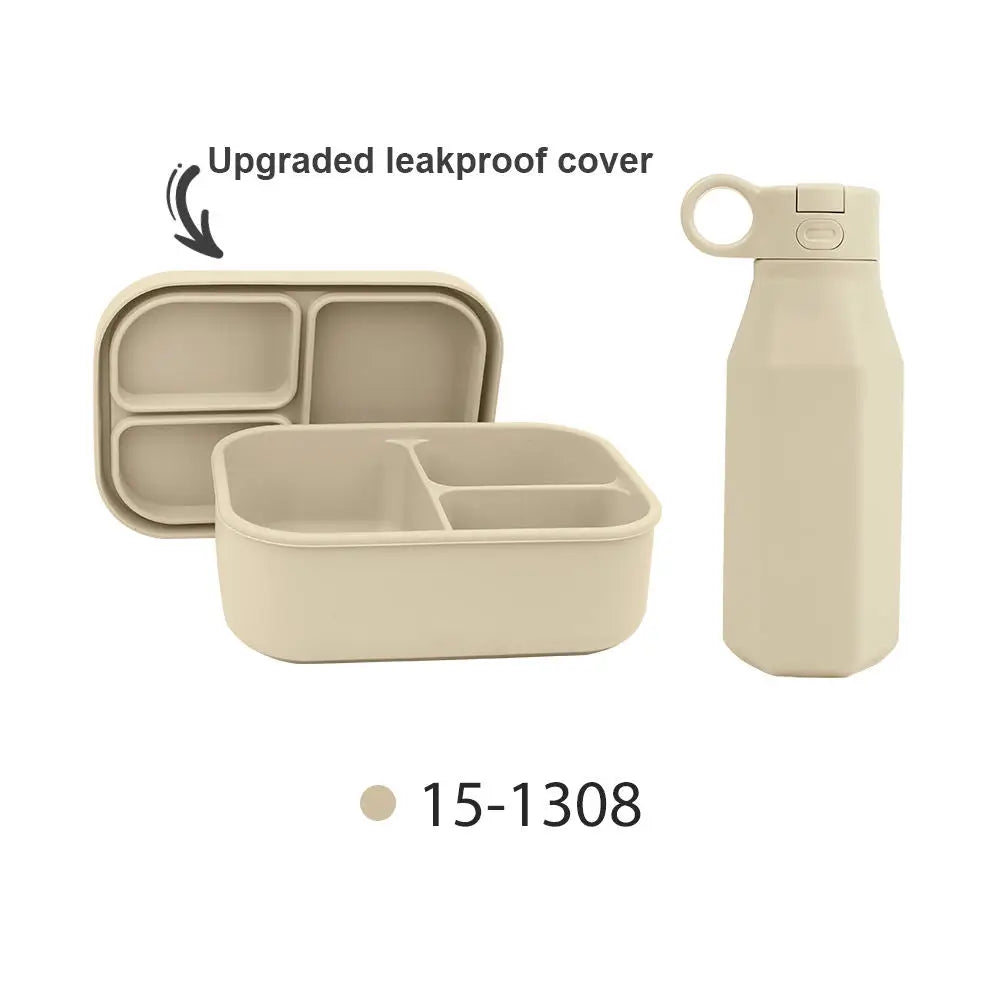 Silicone Bento Box & Water Bottle | 3-Compartment Lunch Box with 350ml Bottle | Microwave Dishwasher Compatible BPA-Free Bento Box and Travel Water Bottle Set in beige with upgraded leakproof cover.