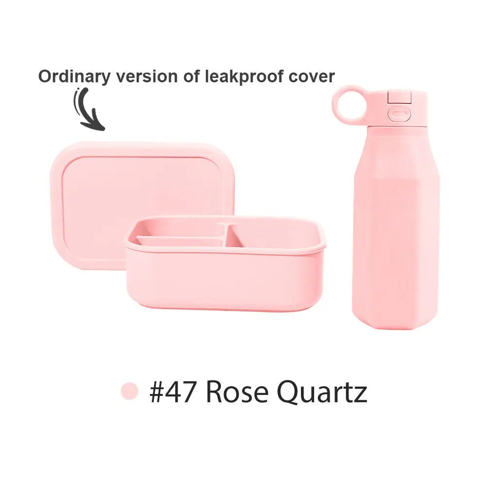 Silicone Bento Box & Water Bottle | 3-Compartment Lunch Box with 350ml Bottle | Microwave Dishwasher Compatible BPA-Free Bento Box and Travel Water Bottle Set in rose quartz color with separate leakproof cover displayed.