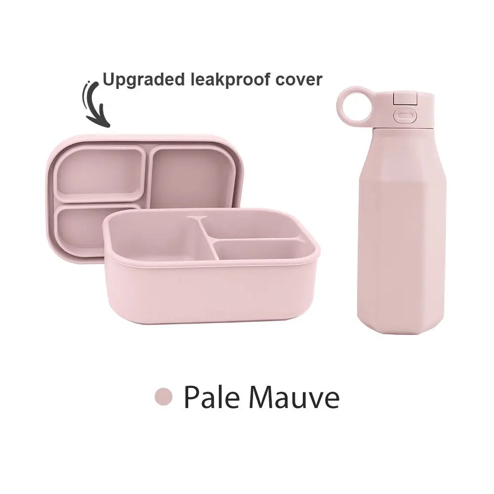 Pale Mauve Silicone Bento Box & Water Bottle | 3-Compartment Lunch Box with 350ml Bottle | Microwave Dishwasher Compatible BPA-Free Bento Box and Travel Water Bottle Set with upgraded leakproof cover.