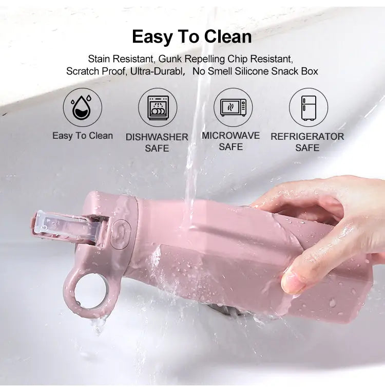 Silicone Bento Box & Water Bottle | 3-Compartment Lunch Box with 350ml Bottle | Microwave Dishwasher Compatible BPA-Free Bento Box and Travel Water Bottle Set shown being rinsed under water, highlighting easy-to-clean and safe features for dishwasher, microwave, and refrigerator use.
