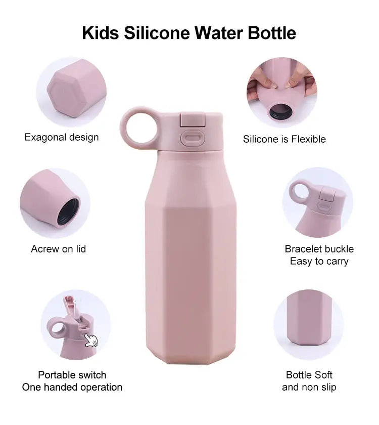 Kids silicone water bottle with an exagonal design, flexible silicone material, screw lid, bracelet buckle for easy carrying, one-handed portable switch, and soft non-slip surface, shown with Silicone Bento Box & Water Bottle | 3-Compartment Lunch Box with 350ml Bottle | Microwave Dishwasher Compatible BPA-Free Bento Box and Travel Water Bottle Set.