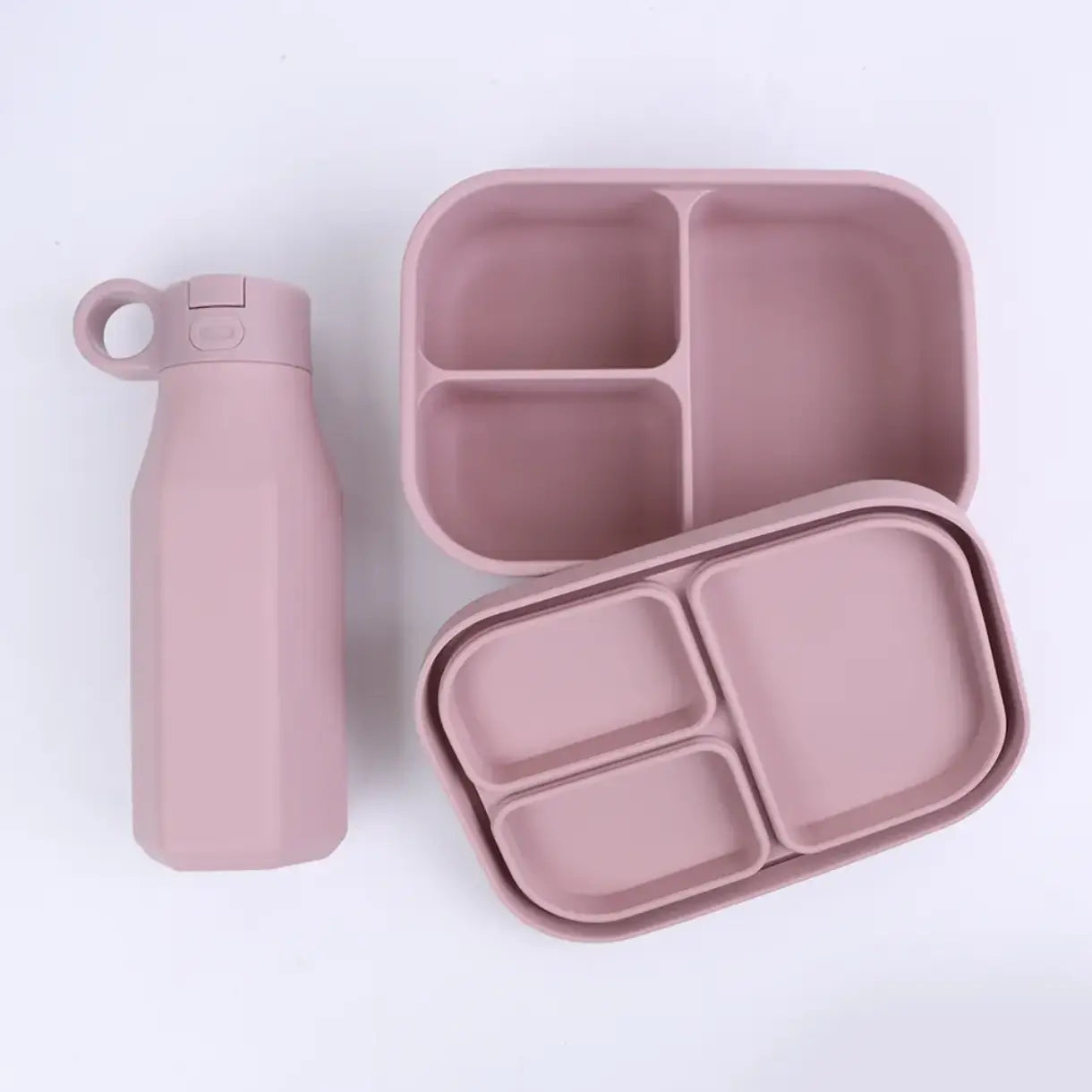 Silicone Bento Box & Water Bottle | 3-Compartment Lunch Box with 350ml Bottle | Microwave Dishwasher Compatible BPA-Free Bento Box and Travel Water Bottle Set in soft pink color, displayed open and closed.