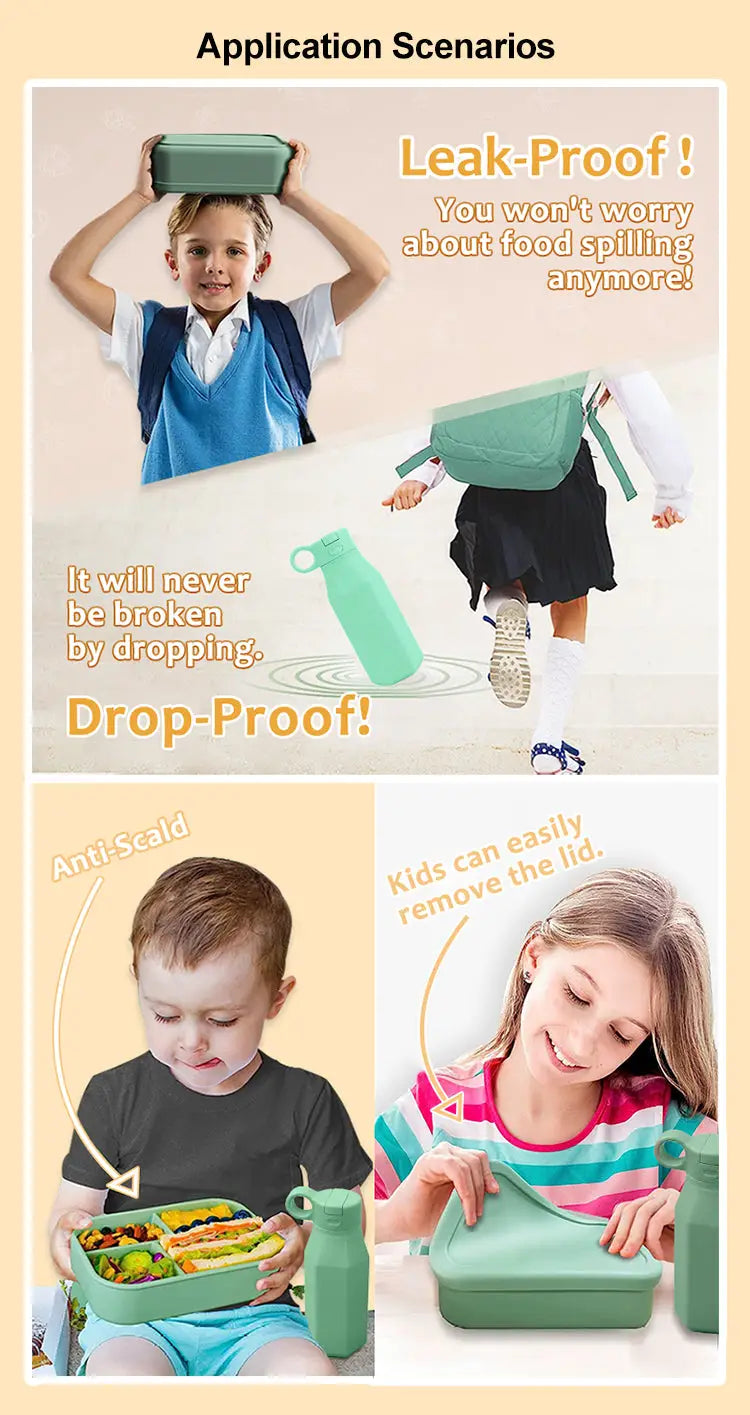 Young children happily using a green Silicone Bento Box & Water Bottle | 3-Compartment Lunch Box with 350ml Bottle | Microwave Dishwasher Compatible BPA-Free Bento Box and Travel Water Bottle Set, demonstrating leak-proof and drop-proof features, easy lid removal, and anti-scald design.