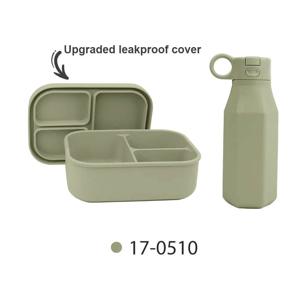 Silicone Bento Box & Water Bottle | 3-Compartment Lunch Box with 350ml Bottle | Microwave Dishwasher Compatible BPA-Free Bento Box and Travel Water Bottle Set in muted green with upgraded leakproof cover shown