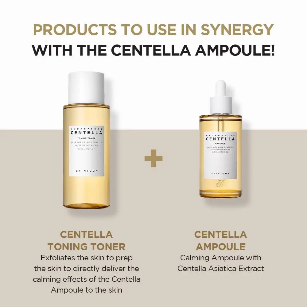 Skin 1004 Madagascar Centella Asiatica Ampoule Facial Serum 100ml shown alongside Centella Toning Toner, highlighting synergy for calming and exfoliating effects with Centella Asiatica extract.