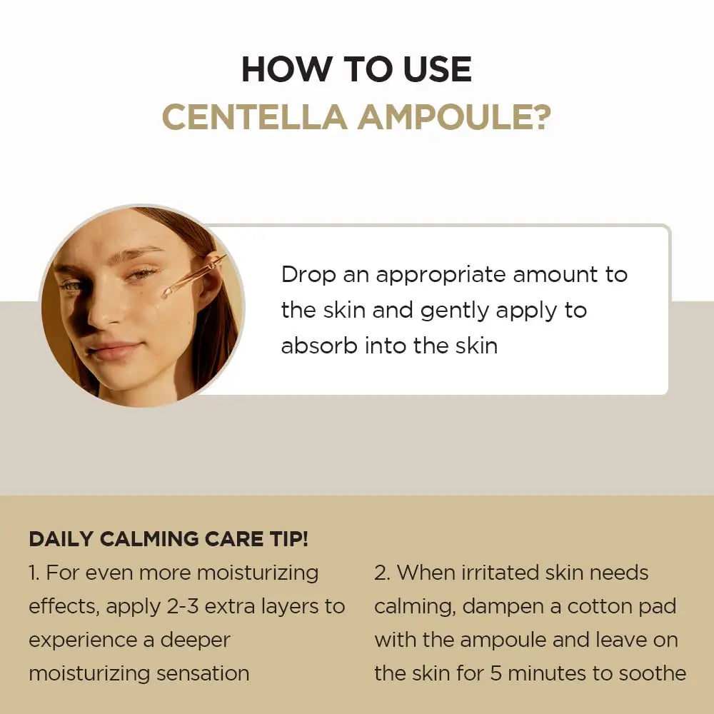Instructional image demonstrating how to use Skin 1004 Madagascar Centella Asiatica Ampoule Facial Serum 100ml by applying a few drops to skin and massaging gently for absorption with daily calming care tips.
