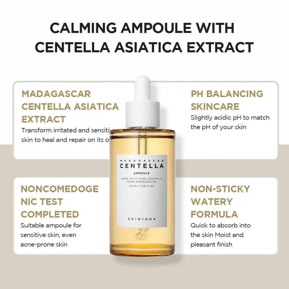 Bottle of Skin 1004 Madagascar Centella Asiatica Ampoule Facial Serum 100ml with text describing its calming, pH balancing, non-comedogenic, non-sticky watery formula for sensitive skin.