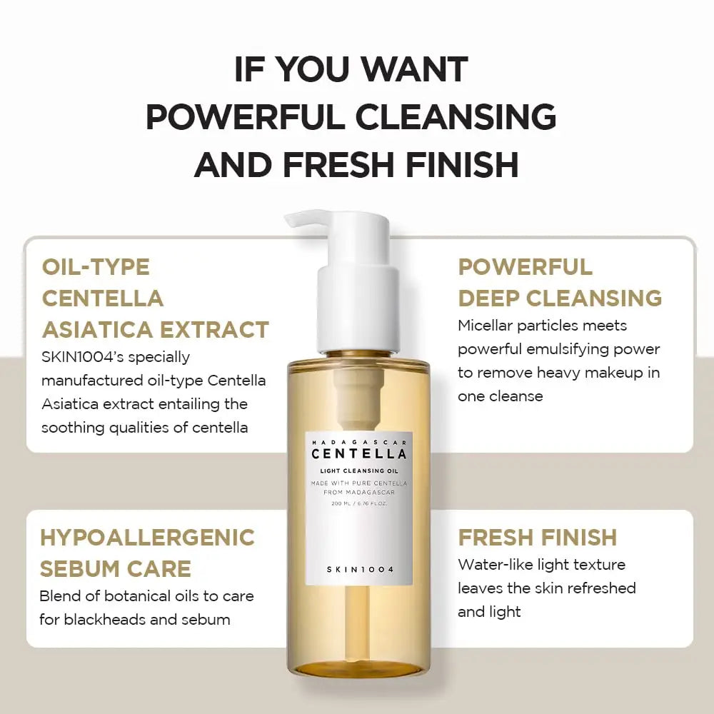 Bottle of Skin 1004 Madagascar Centella Light Cleansing Oil 200ml with text highlighting its oil-type Centella Asiatica extract, powerful deep cleansing, hypoallergenic sebum care, and fresh finish benefits.