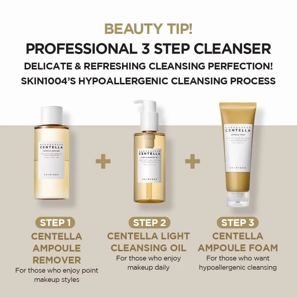 Image showing a skincare routine featuring Skin 1004 Madagascar Centella Light Cleansing Oil 200ml as step 2 in a professional 3-step cleansing process with centella-based products designed for delicate and hypoallergenic cleansing.