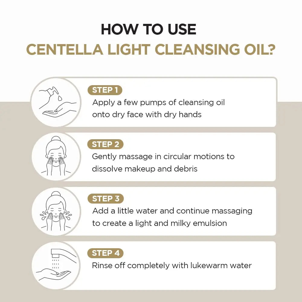 Instructions for using Skin 1004 Madagascar Centella Light Cleansing Oil 200ml with four steps: apply oil on dry face, massage to dissolve makeup, add water to emulsify, and rinse with lukewarm water.