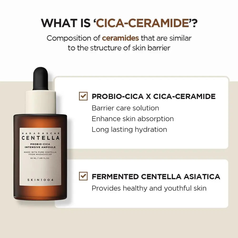 Bottle of Skin 1004 Madagascar Centella Probio-Cica Intensive Ampoule 95ml with information about cica-ceramide composition, barrier care, hydration, and fermented centella asiatica benefits.