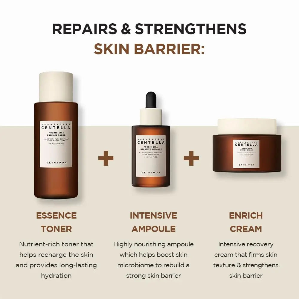 Image showing Skin 1004 Madagascar Centella Probio-Cica Intensive Ampoule 95ml as a highly nourishing ampoule that helps boost skin microbiome and rebuild a strong skin barrier, displayed alongside essence toner and enrich cream for repairing and strengthening the skin barrier.