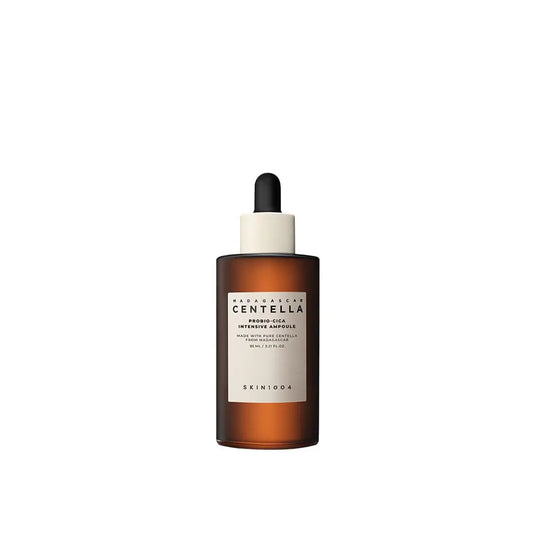 Skin 1004 Madagascar Centella Probio-Cica Intensive Ampoule 95ml in a brown glass dropper bottle designed for soothing and hydrating facial skincare.
