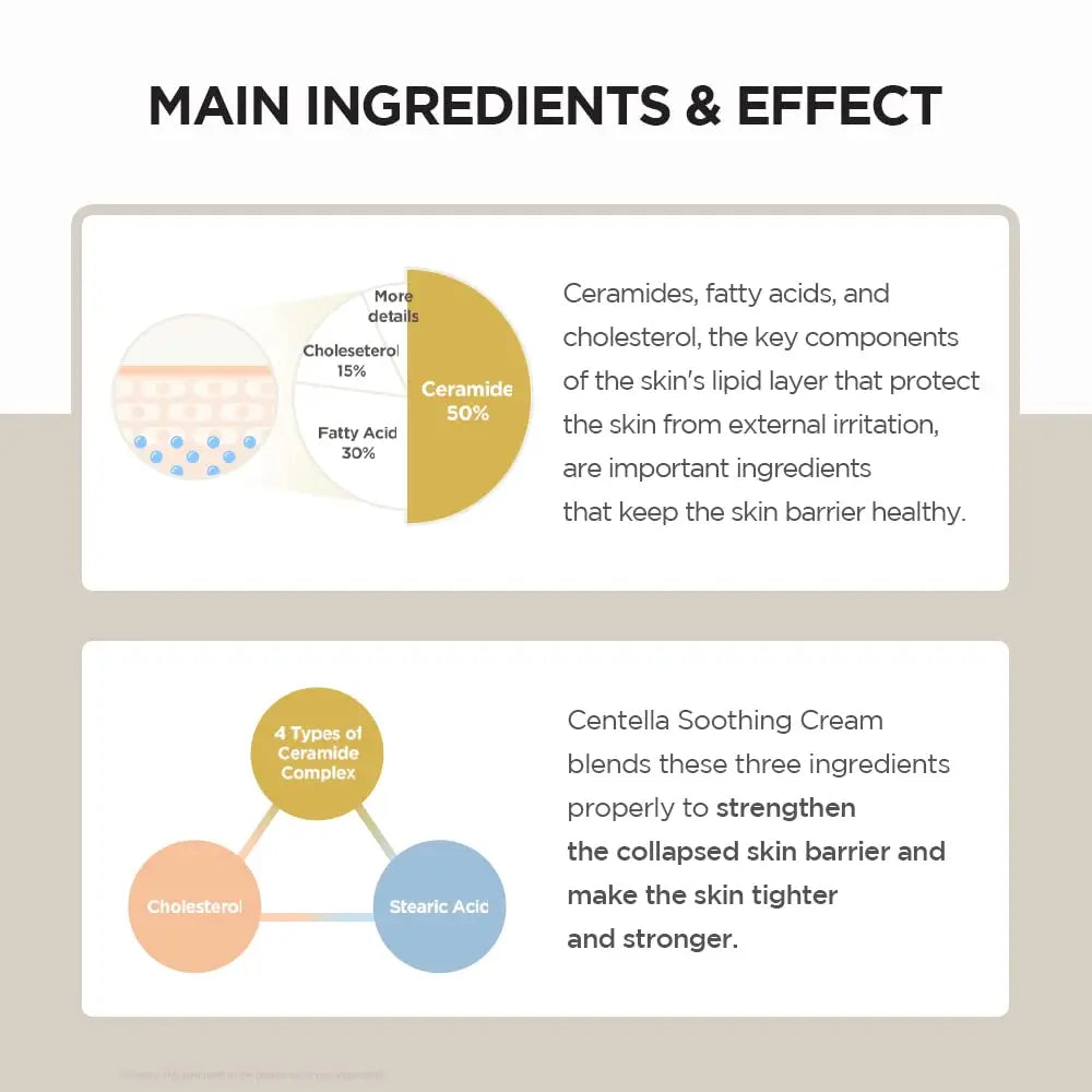 Diagram explaining main ingredients and effects of Skin 1004 Madagascar Centella Soothing Cream 75ml, highlighting ceramides, fatty acids, and cholesterol for skin barrier health and strength.