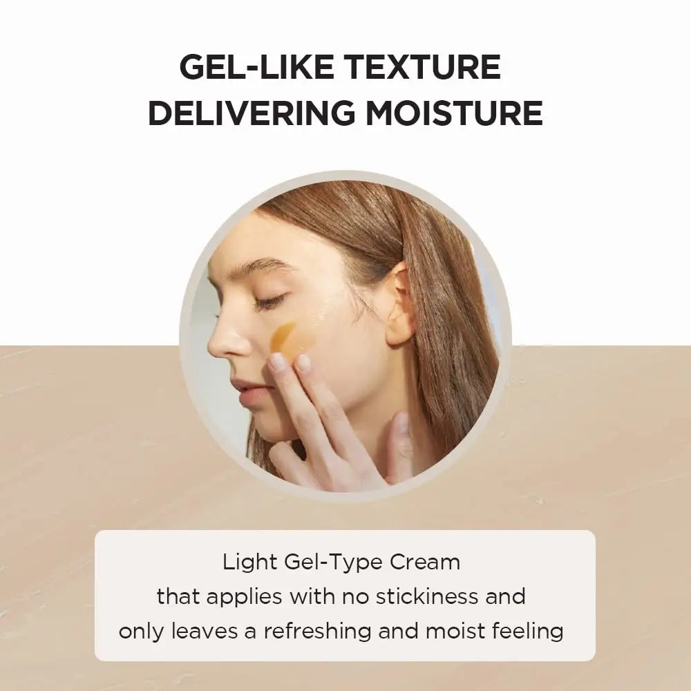 Close-up of a woman gently applying gel-like Skin 1004 Madagascar Centella Soothing Cream 75ml on her cheek, highlighting its light, non-sticky, moisturizing texture.