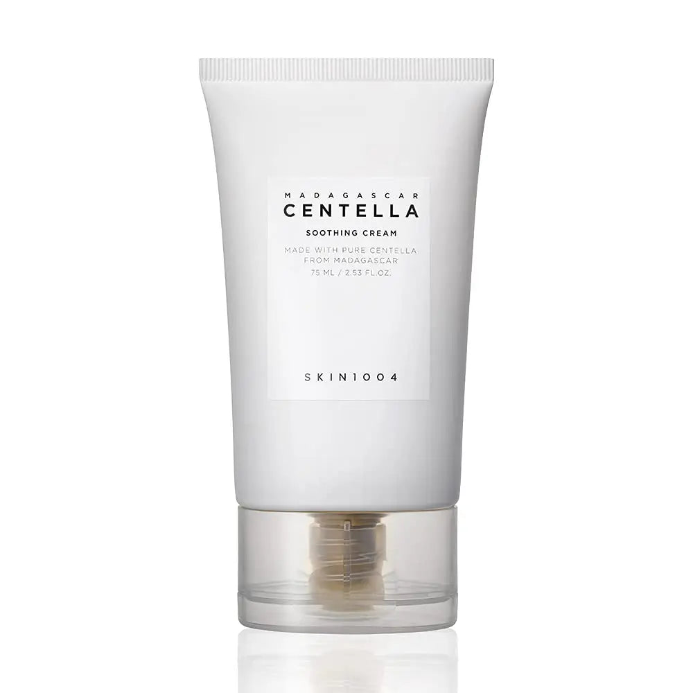 White tube packaging of Skin 1004 Madagascar Centella Soothing Cream 75ml with clear cap, designed for gentle facial care and soothing sensitive skin.