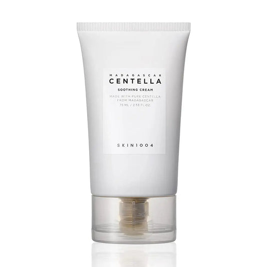 White tube packaging of Skin 1004 Madagascar Centella Soothing Cream 75ml with clear cap, designed for gentle facial care and soothing sensitive skin.