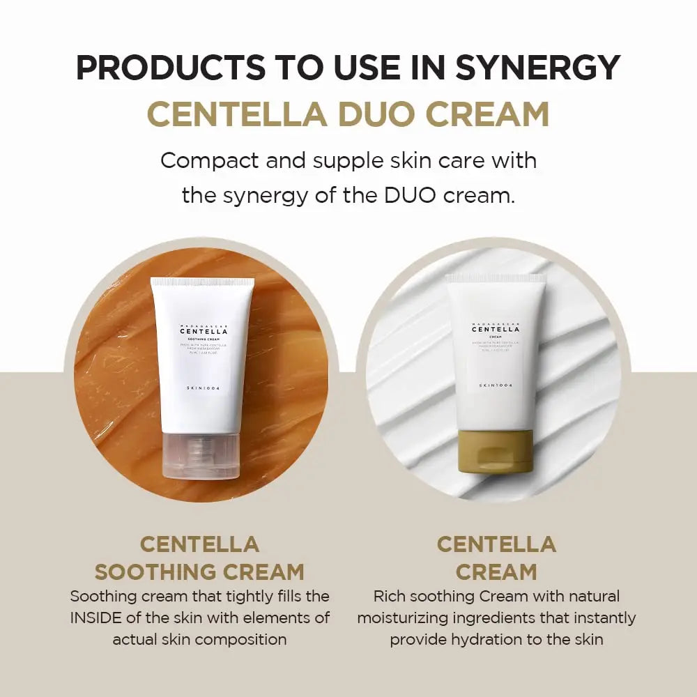Product comparison image showing two skincare tubes with text describing the benefits of Skin 1004 Madagascar Centella Soothing Cream 75ml and its synergy with another centella cream for hydration and skin soothing.