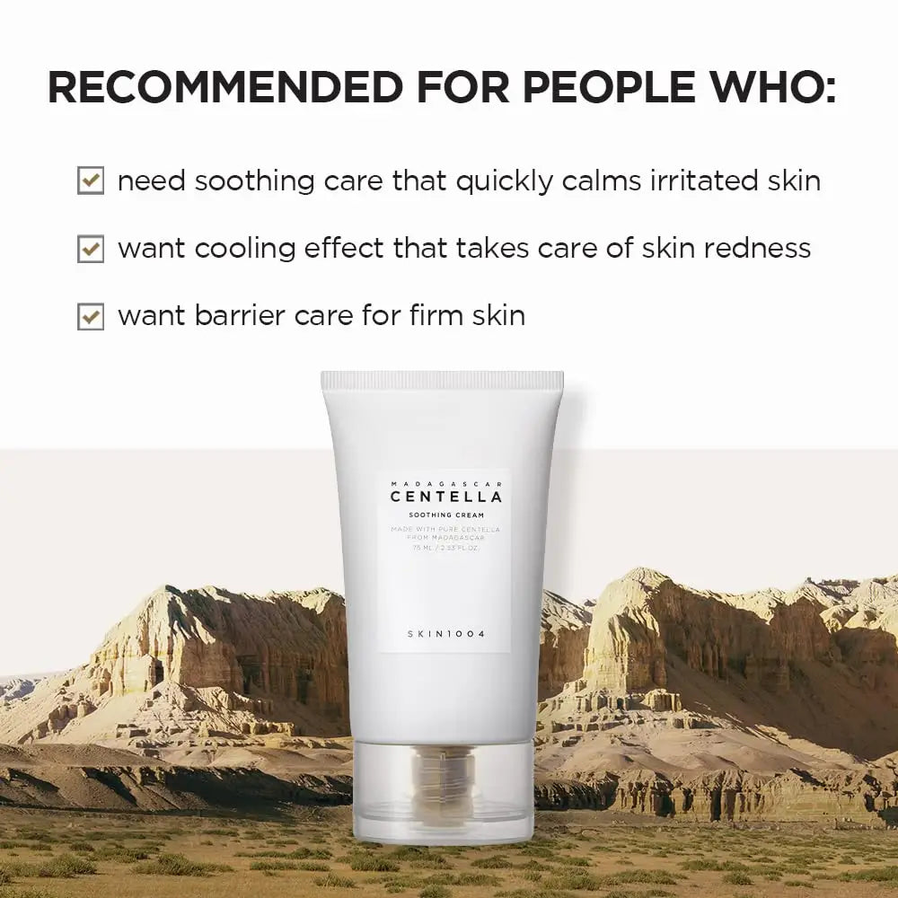 Skin 1004 Madagascar Centella Soothing Cream 75ml displayed against a natural mountain background, recommended for soothing irritated skin, reducing redness, and firming skin.