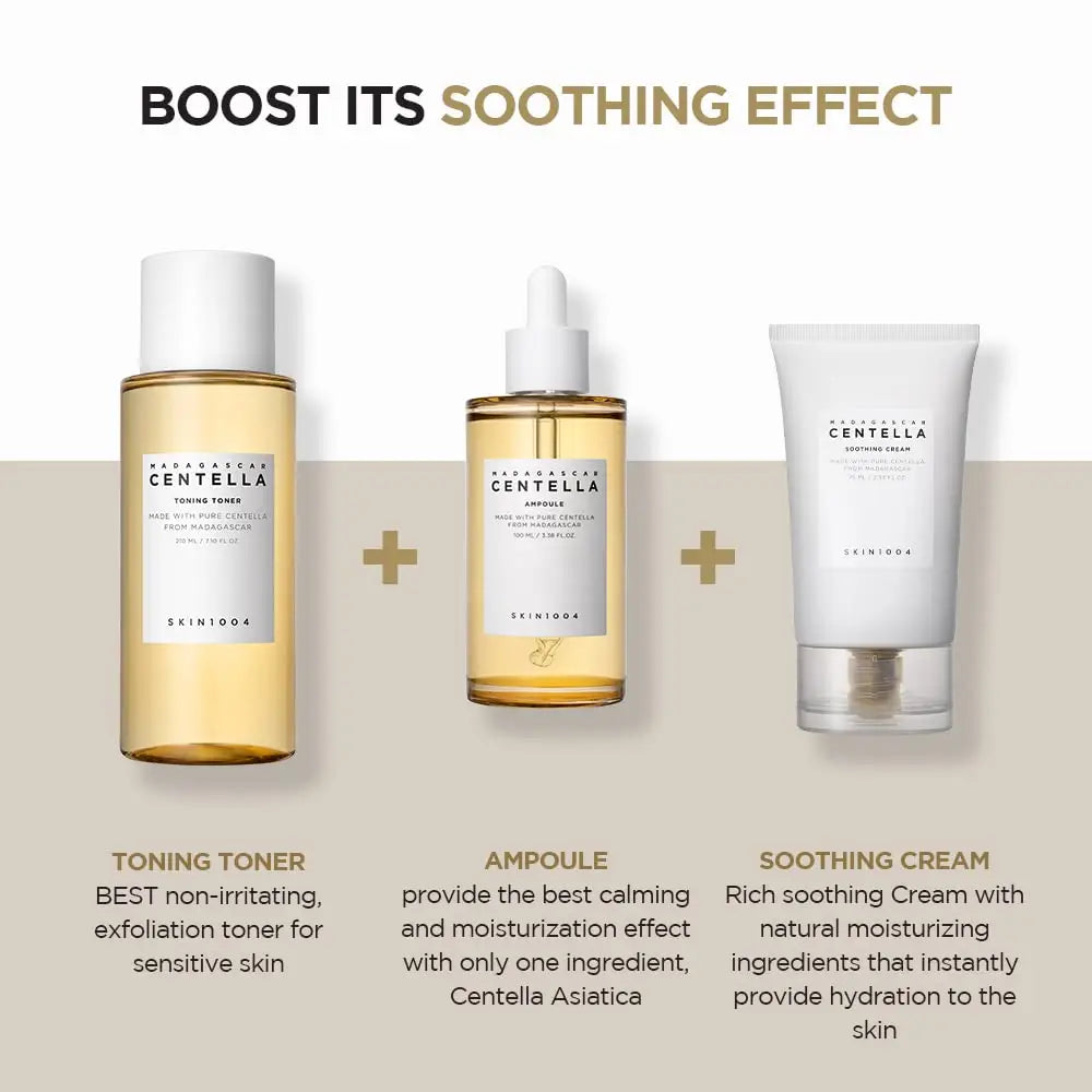 Skin 1004 Madagascar Centella Toning Toner 210 ml displayed alongside ampoule and soothing cream, highlighting soothing and moisturizing effects for sensitive skin care.